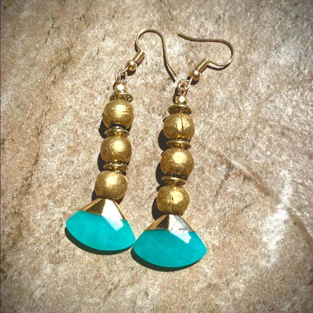 Chic Bohemian Earrings African Tribal Brass Beads and Aqua Blue Chalcedony